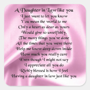 Daughter in Law Poem - Pink Silk Square Sticker