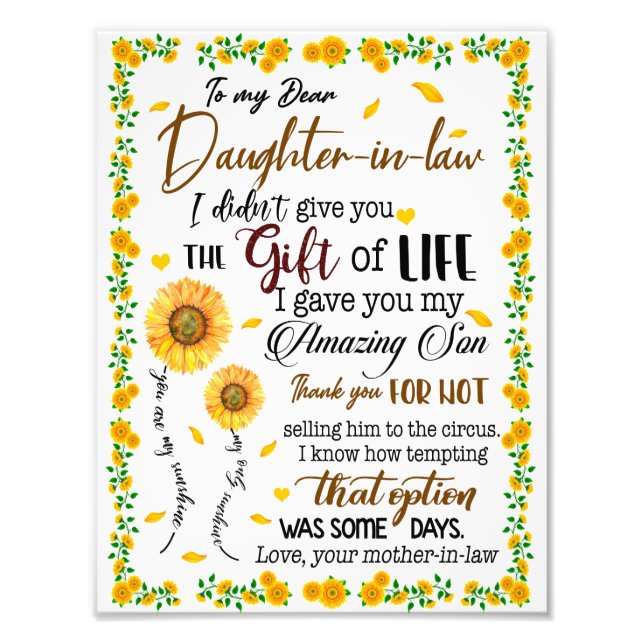 Daughter Lovers | To My Dear Daughter-In-Law Photo Print (Front)