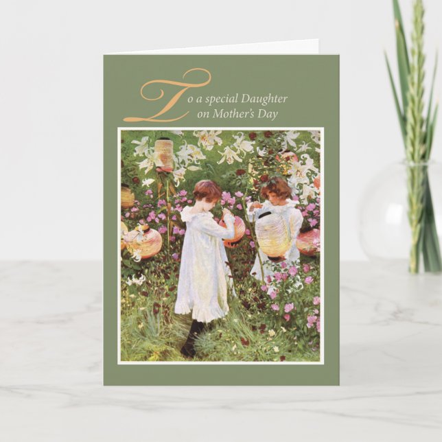 Daughter Mother's Day, Girls in Flower Garden, Vin Card (Front)