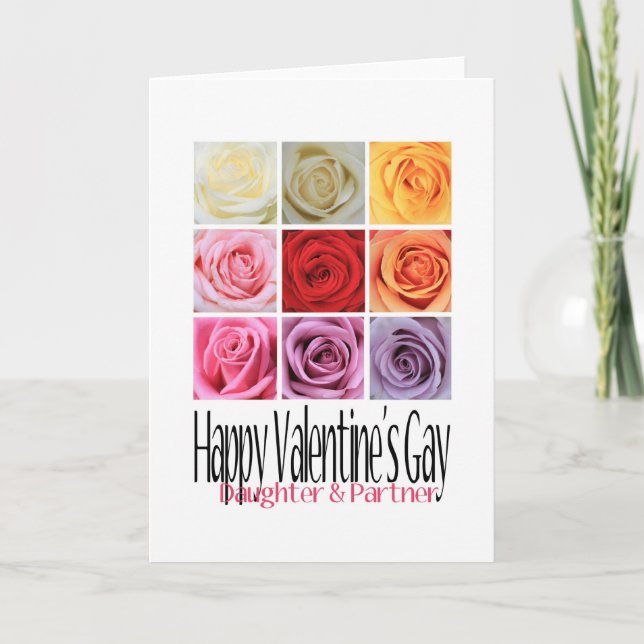 Daughter Partner Valentine's Gay, Rainbow Roses Holiday Card (Front)