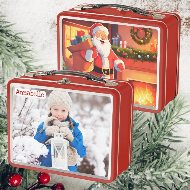 Daughter Photo | Santa Delivering Presents | Kids Metal Lunch Box (Front And Back)