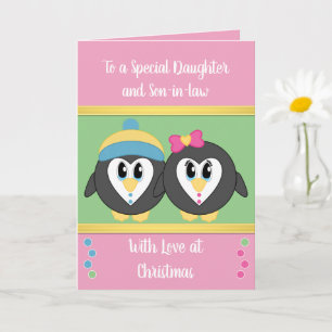 Daughter pink and green penguins Christmas Card