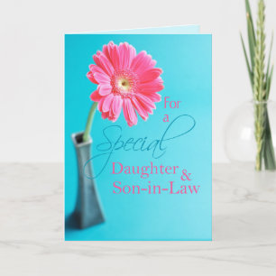 Daughter & Son- in -Law Valentine Pink Daisy Blue Holiday Card