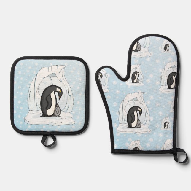 Davin and Annie the Penguins Oven Mitt & Pot Holder Set (Front)