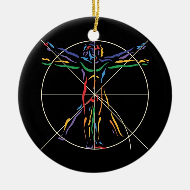DaVinci Anatomy Man in Chakra Colours Ceramic Tree Decoration (Front)