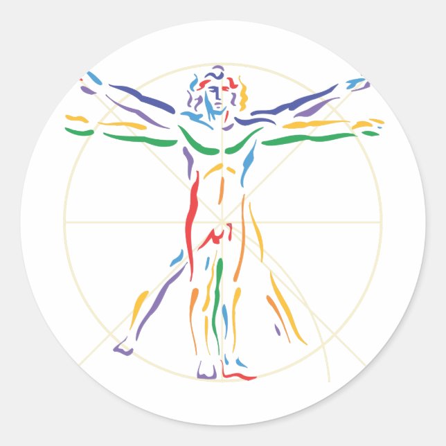DaVinci Anatomy Man in Chakra Colours Classic Round Sticker (Front)