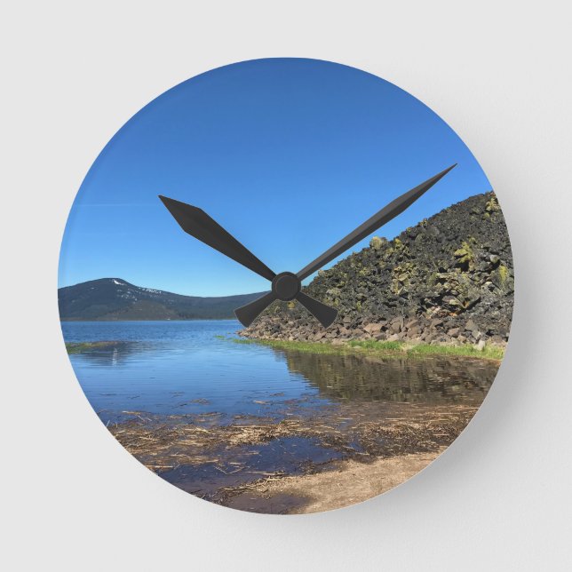 Davis Lake with Lava Rocks Round Clock (Front)