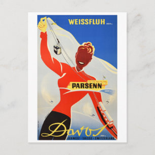 Davos Parsenn, Girl Shows Cable Carand Ski Lift Postcard