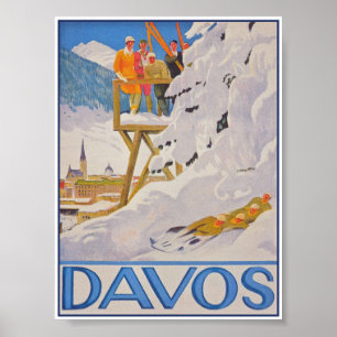 Davos Switzerland Sled Vintage Ski Travel Poster