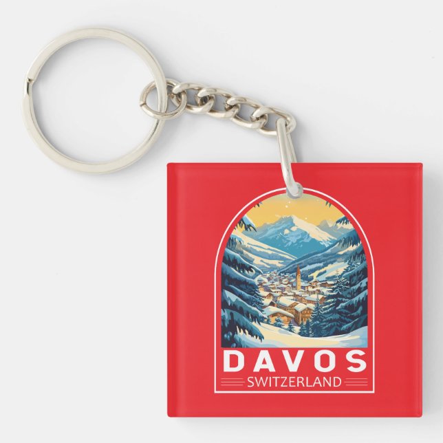 Davos Switzerland Travel Art Emblem Key Ring (Front)