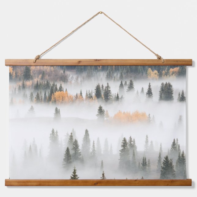 Dawn Ground Fog Covers Mountain Forest Hanging Tapestry (Front)