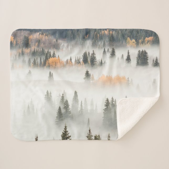 Dawn Ground Fog Covers Mountain Forest Sherpa Blanket (Front (Horizontal))