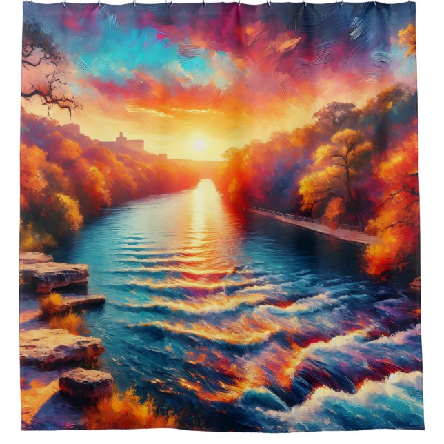 "Dawn’s Tranquil Embrace: Comal River Sunrise" Shower Curtain (Front)