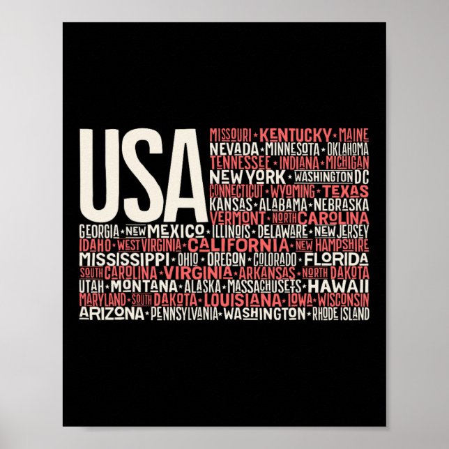 Day 4th July Usa Flag America State Map Names  Poster (Front)