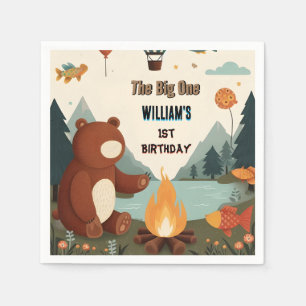 Day Brown Fun Fish Boy Cute Baby Bear 1st Birthday Napkin