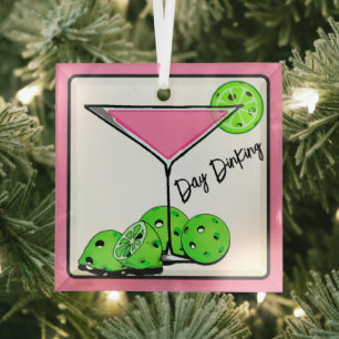 Day Dinking Cosmo Pink Cocktail, Pickleball Limes Glass Tree Decoration