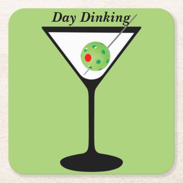 Day Dinking - Pickleball Martini Olive Pickleball Square Paper Coaster (Front)