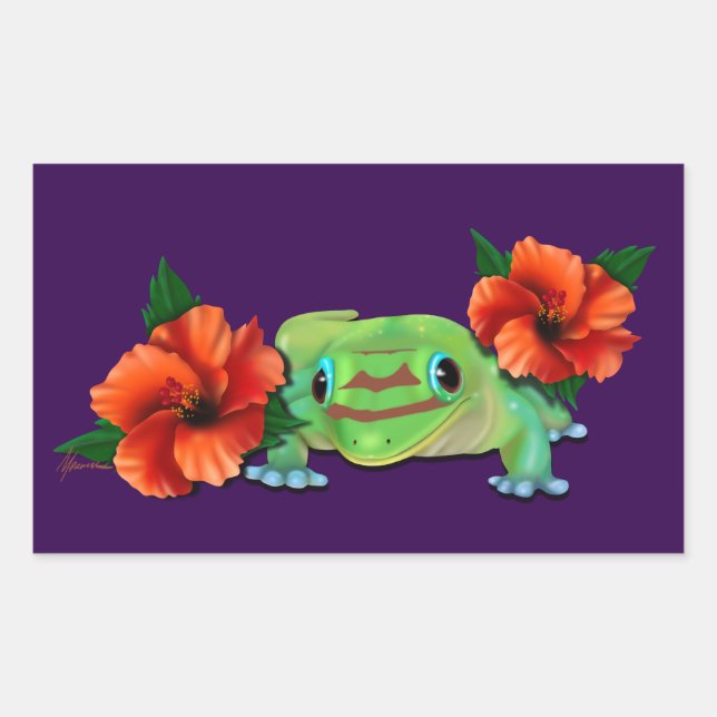 Day Gecko With Hibiscus  Rectangular Sticker (Front)