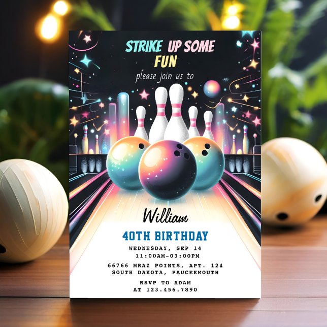Day Neon Boy Kids Team Event Bowling 21st Birthday Invitation (Creator Uploaded)