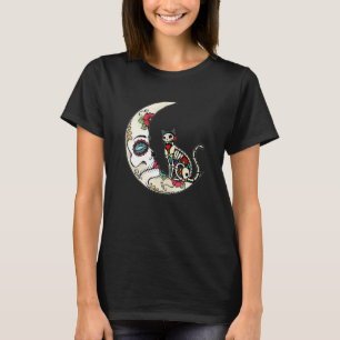 Day Of Dead Cat On He Moon Love Mexican Cat Sugar T-Shirt