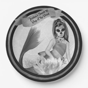 Day of Dead Party Sugar Skull Mermaid Goth Paper Plate