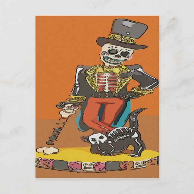 Day of Dead Skelton and Cat Postcard (Front)