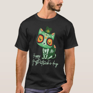 Day of Dead Sugar Skull Cat Leprechaun Hat St Patr T-Shirt