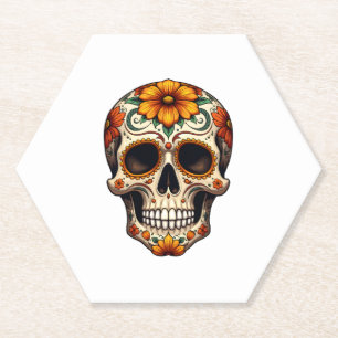 Day Of Dead Sugar Skull Floral Skeleton Head Bone Paper Coaster