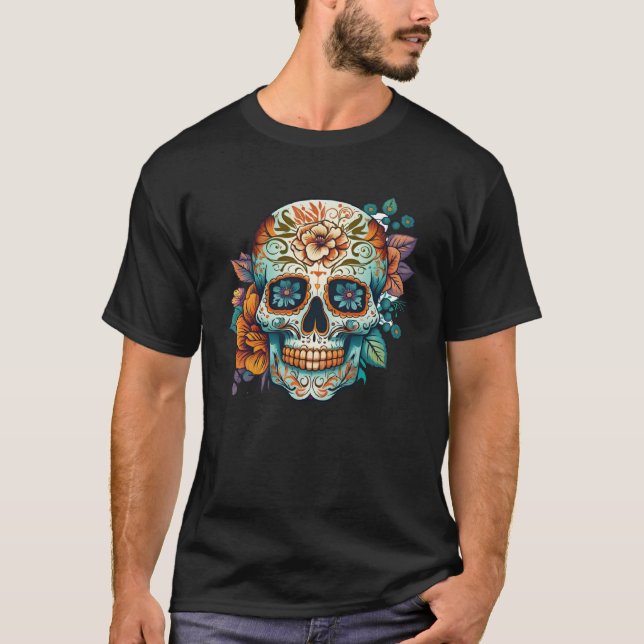 Day Of Dead Sugar Skull Floral Skeleton Head Bone  T-Shirt (Front)