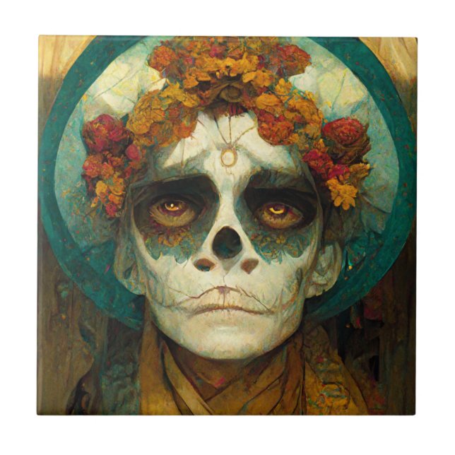 Day Of The Dead 2 Fantasy Skull Ceramic Tile (Front)
