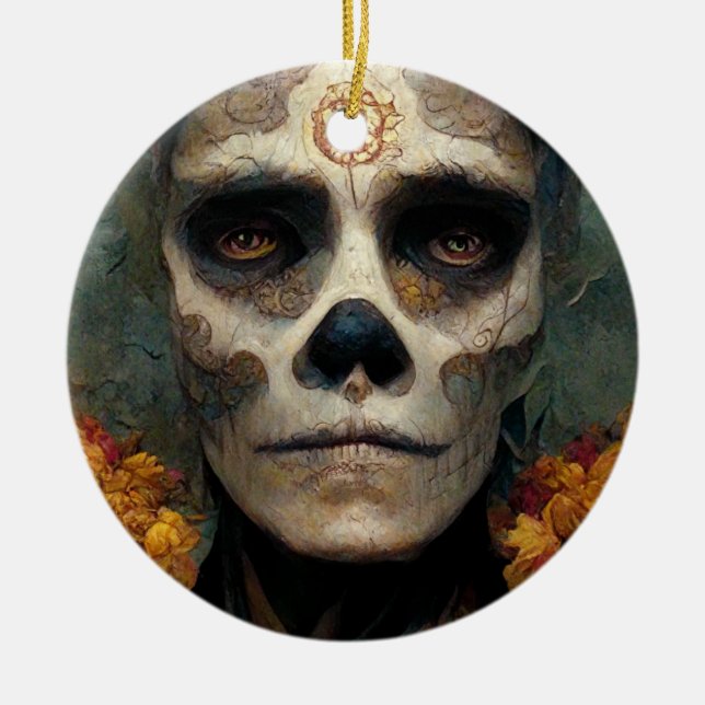 Day Of The Dead 3 Fantasy Skull Ceramic Ornament (Front)