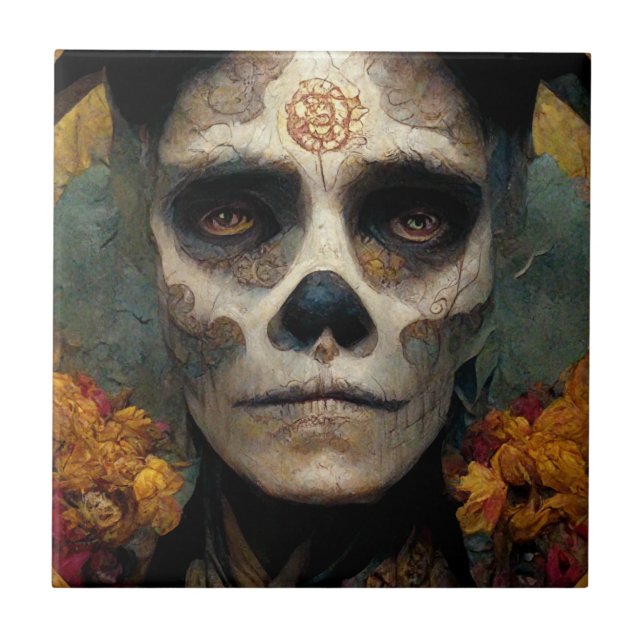 Day Of The Dead 3 Fantasy Skull Ceramic Tile (Front)
