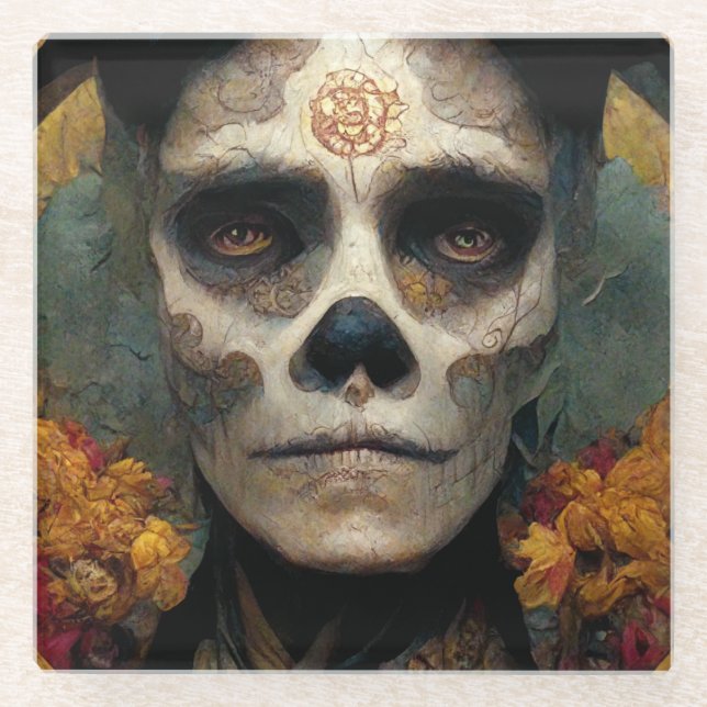 Day Of The Dead 3 Fantasy Skull Glass Coaster (Front)