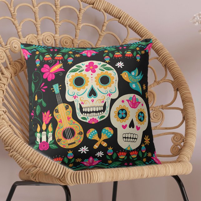 Day of the Dead Art Sugar Skulls Cushion (Day of the Dead Pillow with Mexican theme and sugar skulls from my Dia de los Muertos collection)