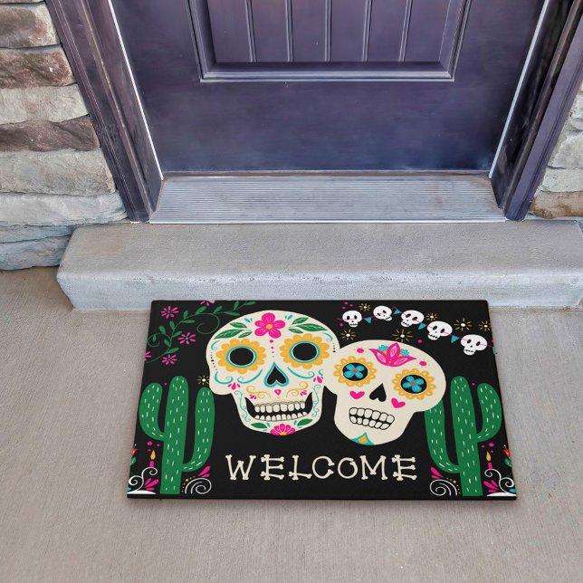 Day of the Dead Art Sugar Skulls Welcome Doormat (Small doormat with sugar skulls and cactus from my Dia de los Muertos collection)