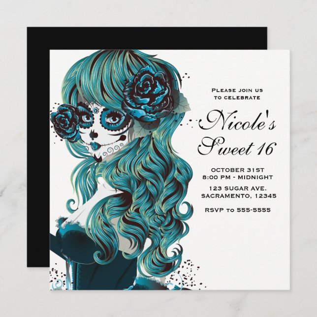 Day of the Dead Beautiful Sugar Skull Sweet 16 Invitation (Front/Back)