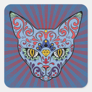 Day of the Dead Blue Cat Sugar Skull Square Sticker
