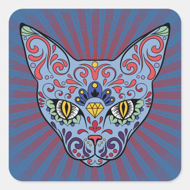 Day of the Dead Blue Cat Sugar Skull Square Sticker (Front)