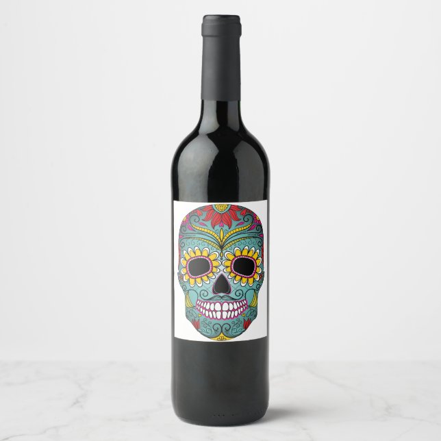 Day of the Dead Bright Skull Wine Label (Front)