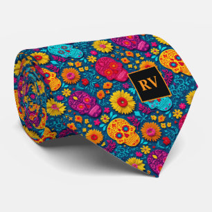Day of the Dead Bright Sugar Skulls and Marigolds Tie