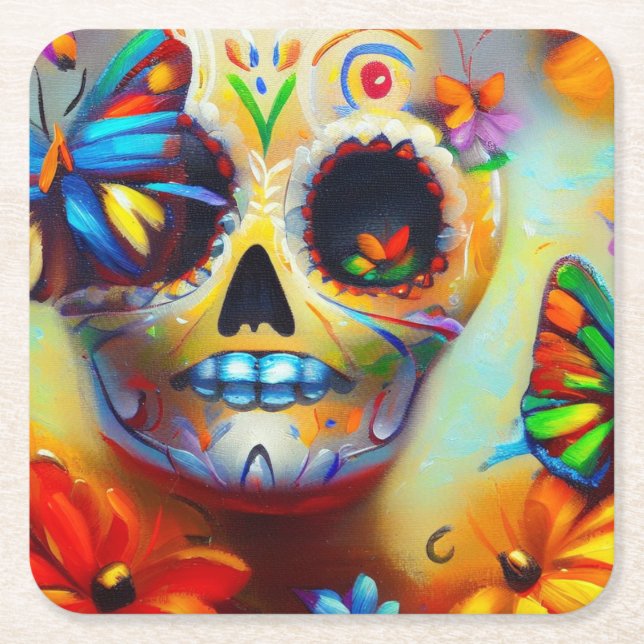 Day of the Dead Butterflies 2 Square Paper Coaster (Front)