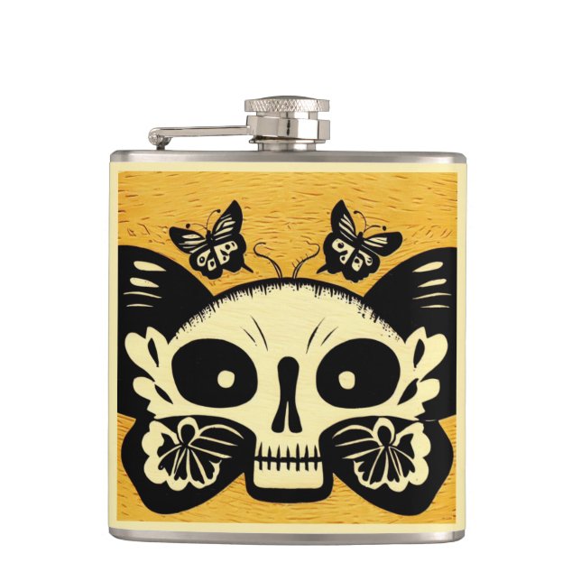 Day of the Dead Butterflies Woodcut 1 Hip Flask (Front)