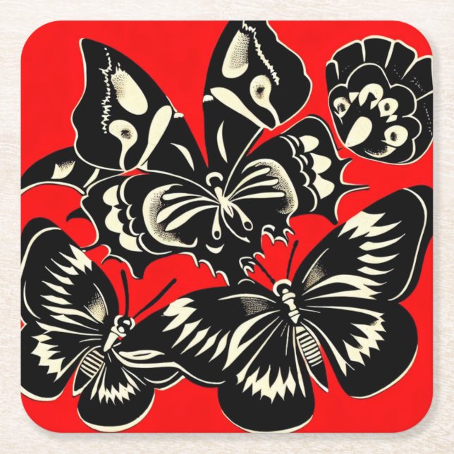 Day of the Dead Butterflies Woodcut 2 Square Paper Coaster (Front)