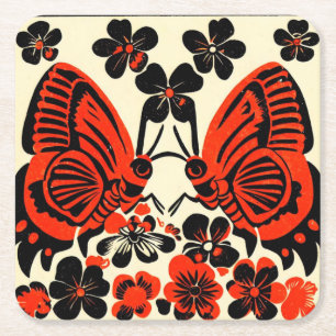 Day of the Dead Butterflies Woodcut 3 Square Paper Coaster