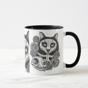 Day of the Dead Cat Skull Sugar Roses Art Mug