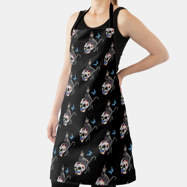 Day Of The Dead Cat Sugar Skull And Butterfly Apron (Insitu)