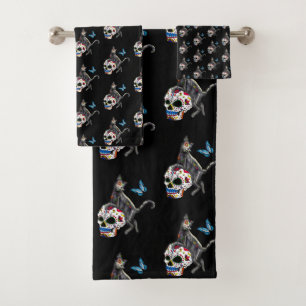 Day Of The Dead Cat Sugar Skull And Butterfly Bath Towel Set
