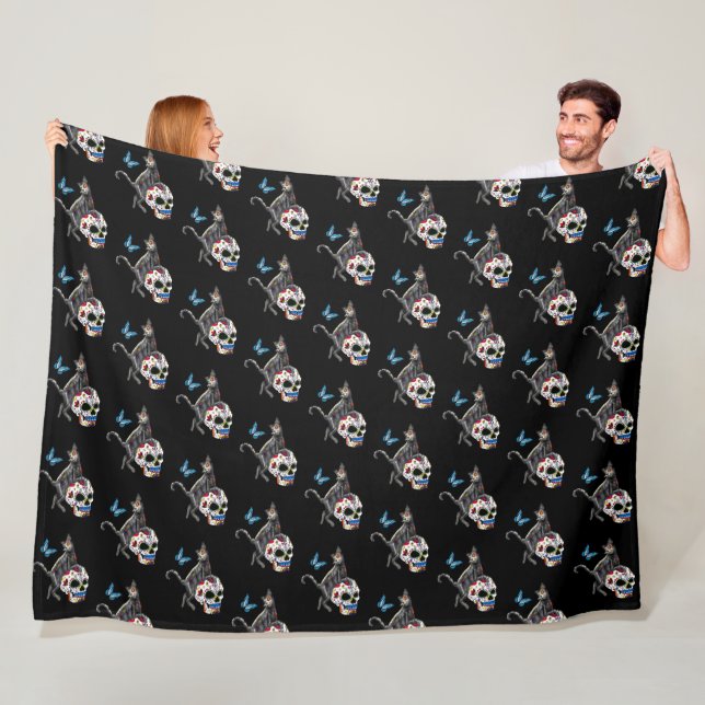 Day Of The Dead Cat Sugar Skull And Butterfly Fleece Blanket (In Situ)