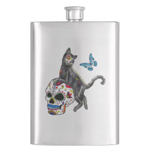Day Of The Dead Cat Sugar Skull And Butterfly Hip Flask