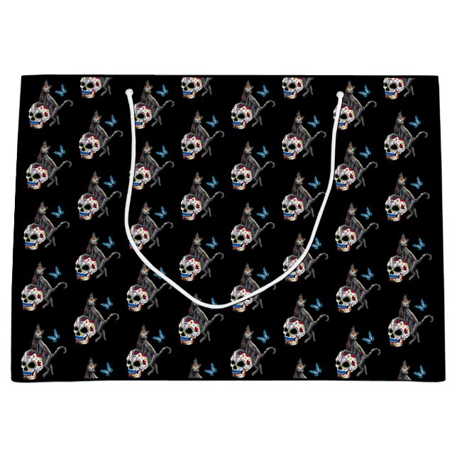 Day Of The Dead Cat Sugar Skull And Butterfly Large Gift Bag (Front)